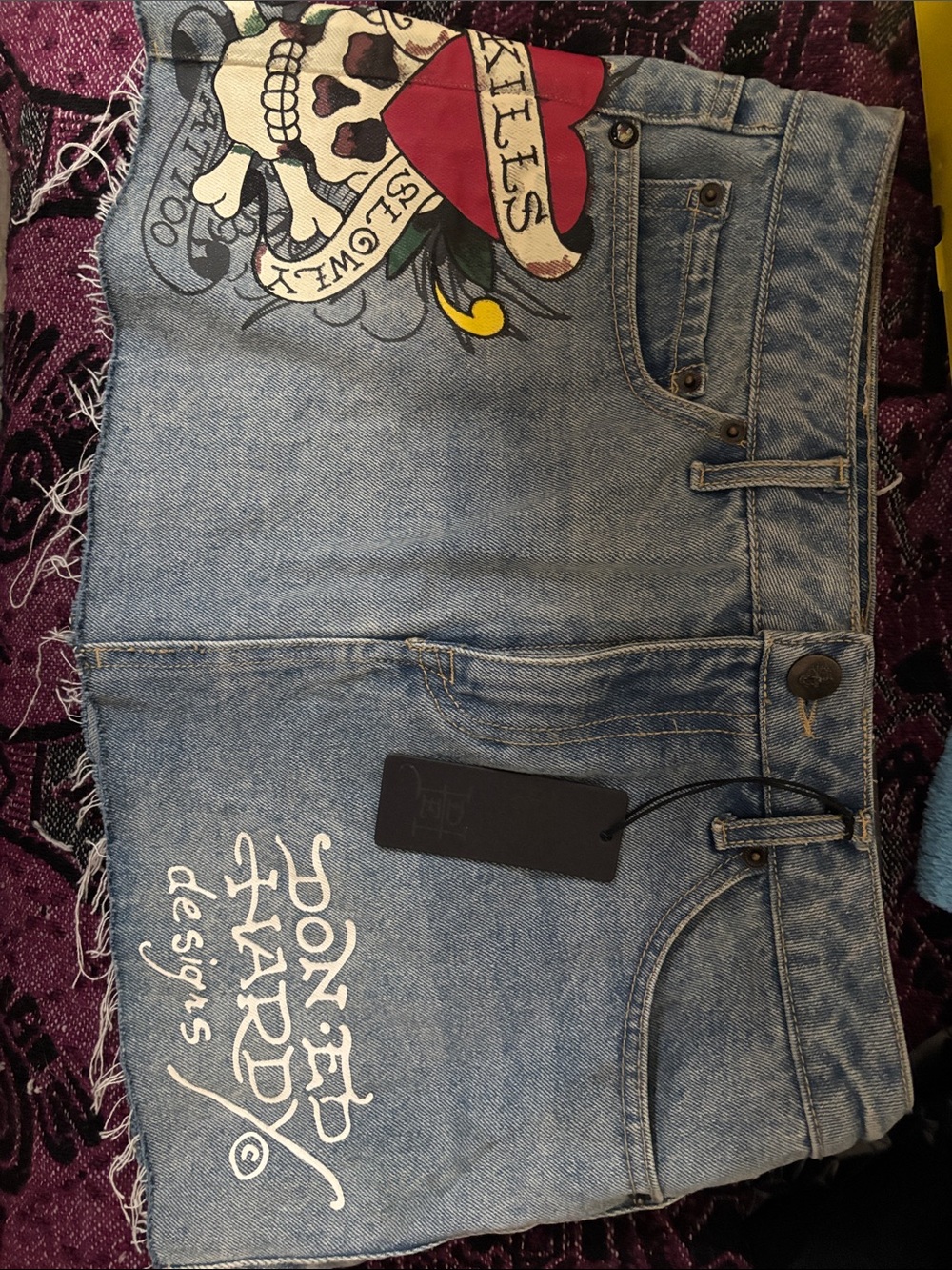 Ed Hardy Light Blue Denim Shorts with Red Heart & Yellow Accent